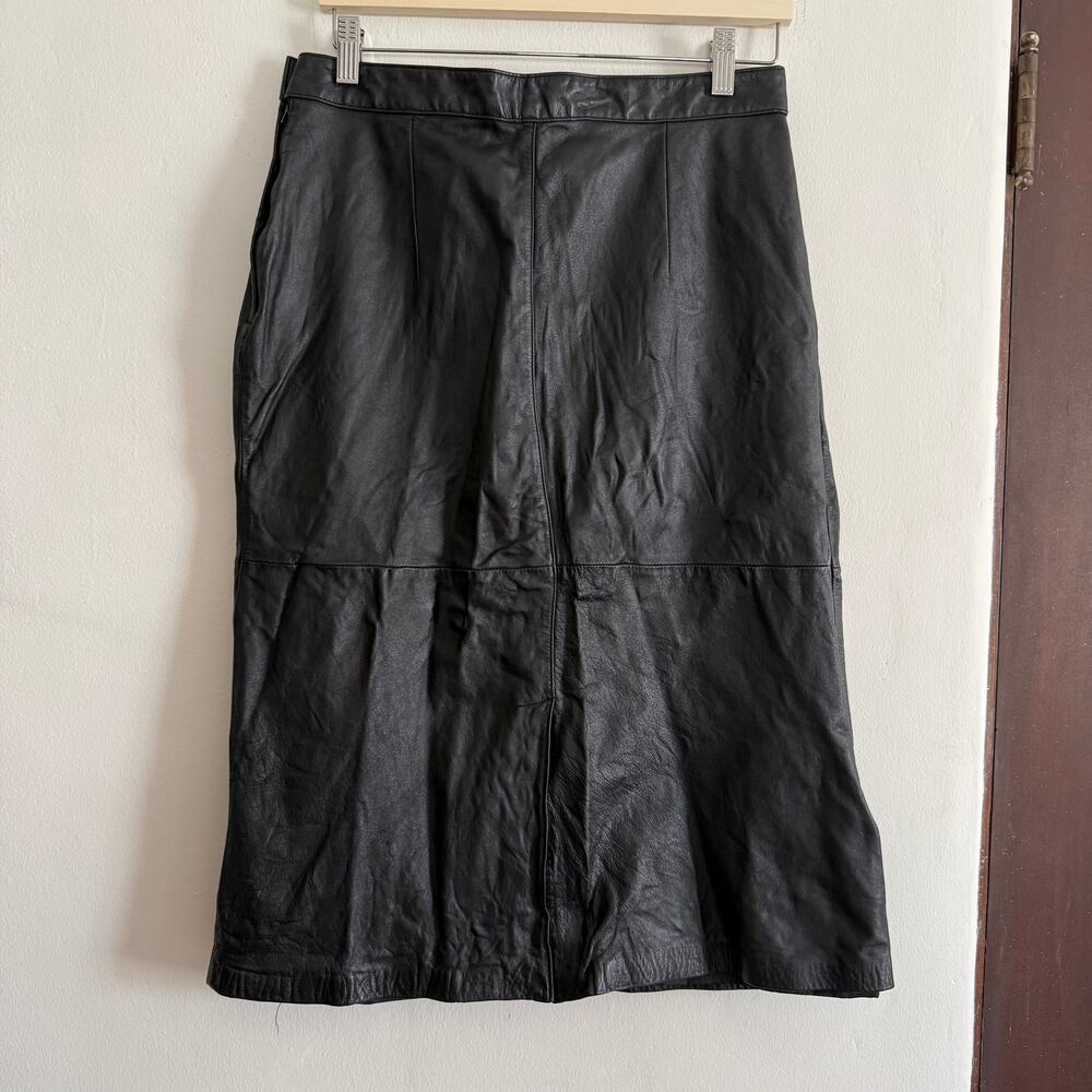 80s Vintage TIBOR | Black Leather Midi Skirt Vintage Size 16 *Fits Modern 12